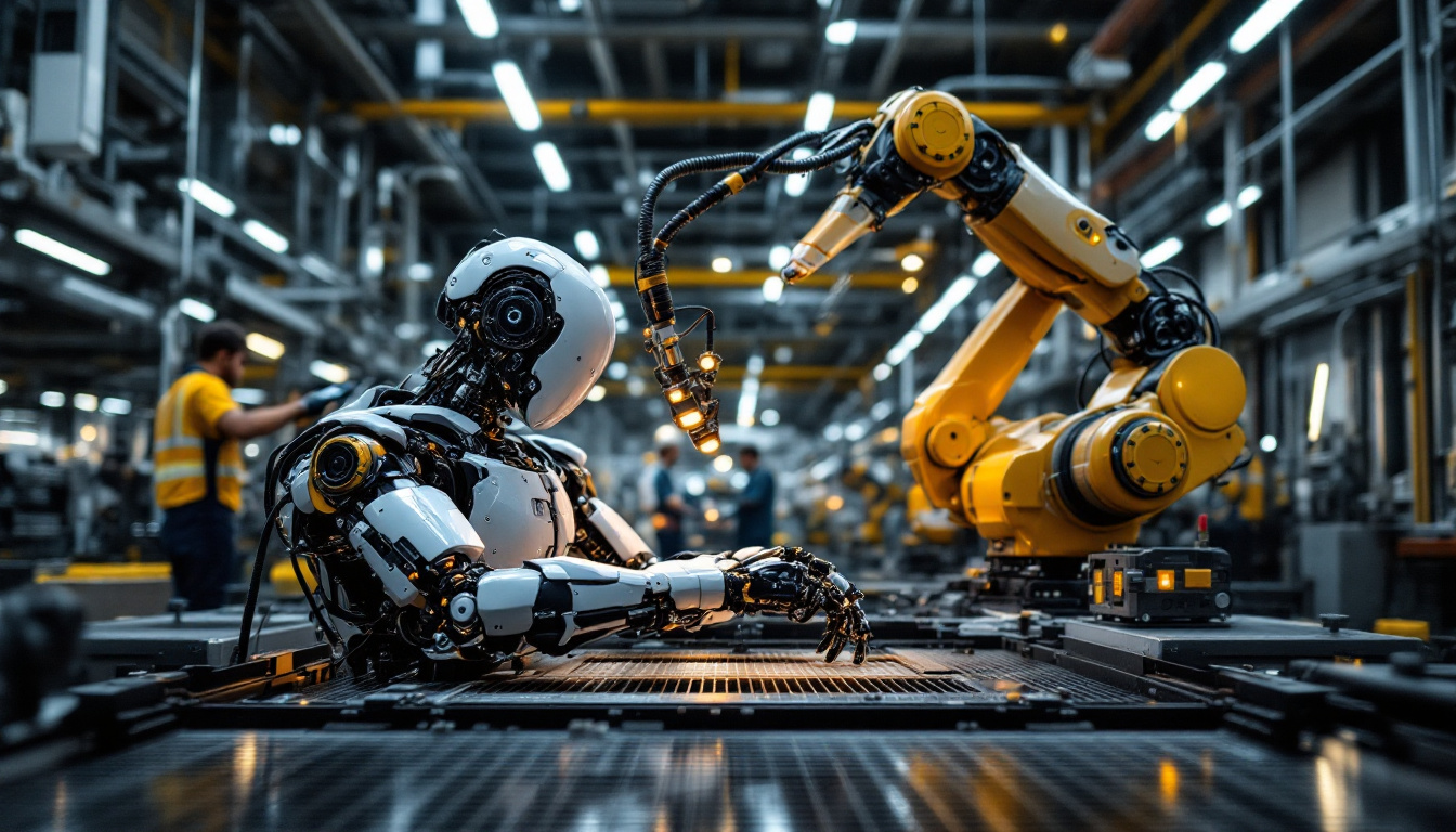 A photograph of a sleek industrial robot in action within a modern manufacturing environment