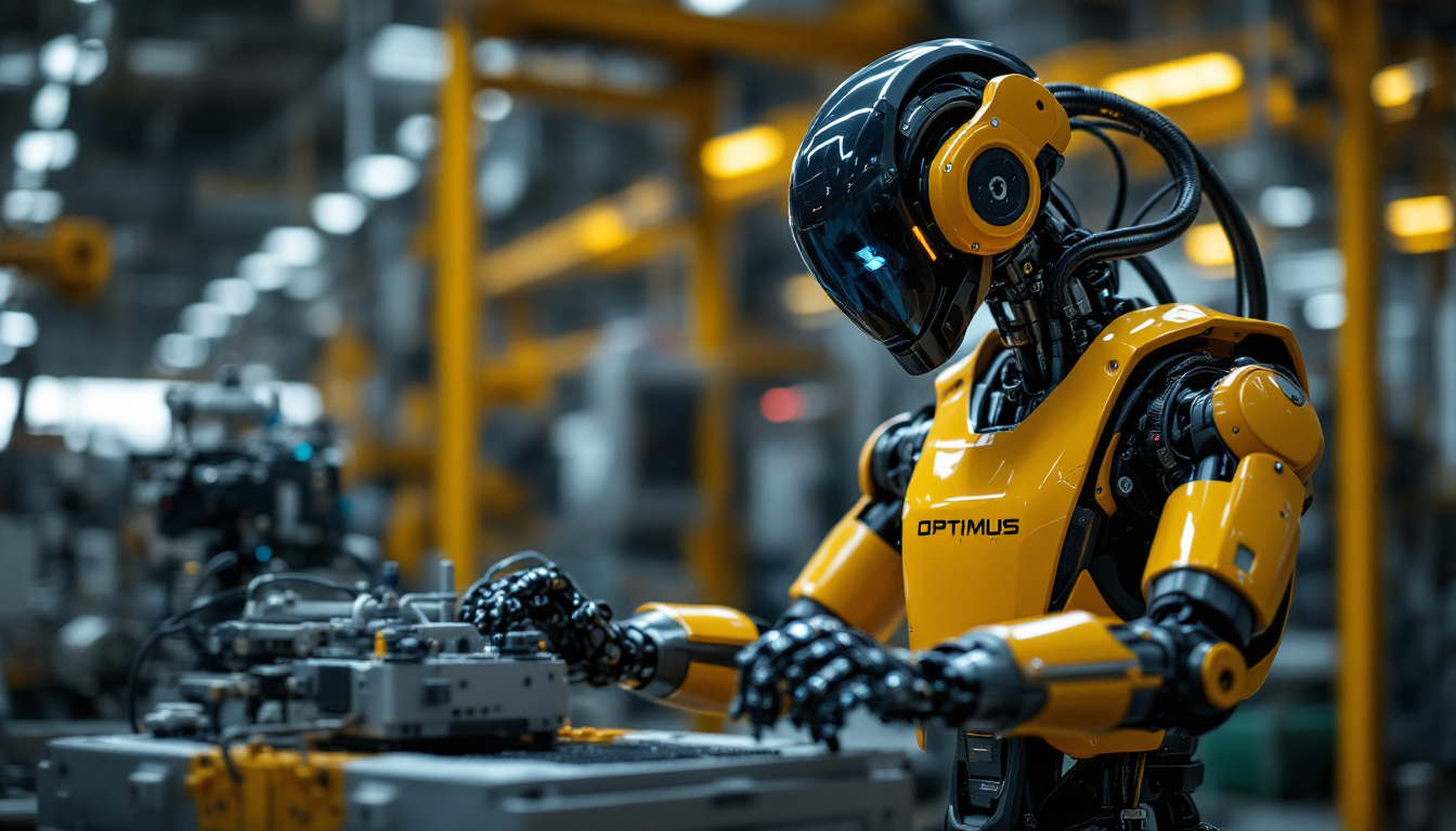 A photograph of capture a photograph of the tesla optimus robot in an industrial setting