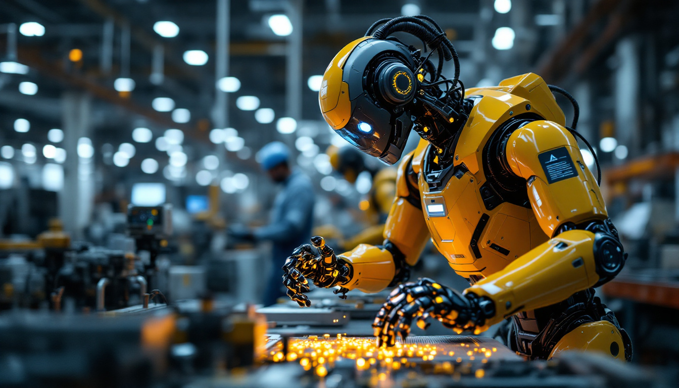 A photograph of a sleek industrial robot in action on a factory floor