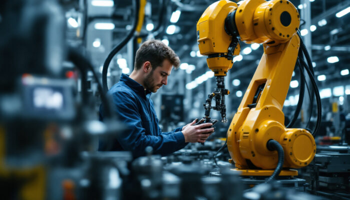 A photograph of a skilled engineer or technician working on an industrial robot in a high-tech manufacturing environment