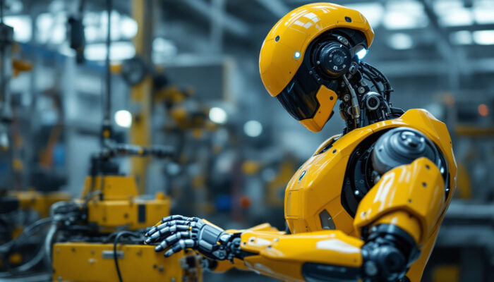 A photograph of a humanoid robot engaging in an industrial setting