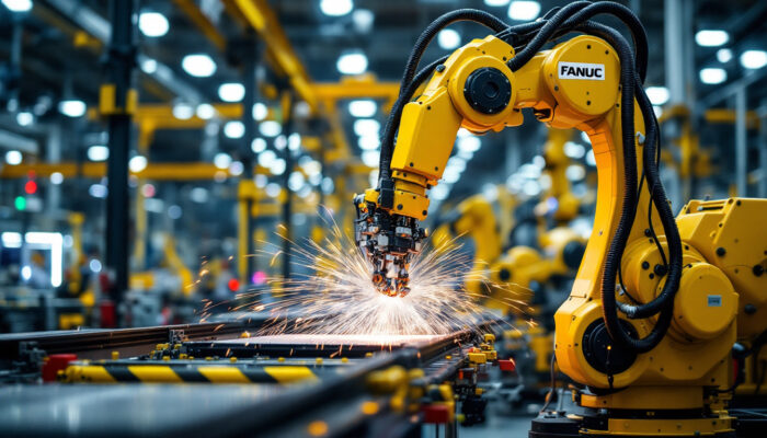 A photograph of a fanuc industrial robot in action