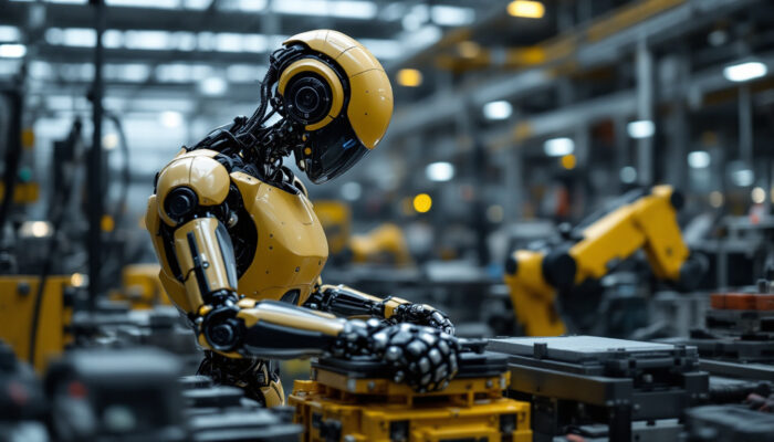 A photograph of a sleek industrial robot in action on a factory floor