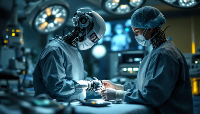 A photograph of a skilled surgeon operating a state-of-the-art surgical robot in a modern operating room