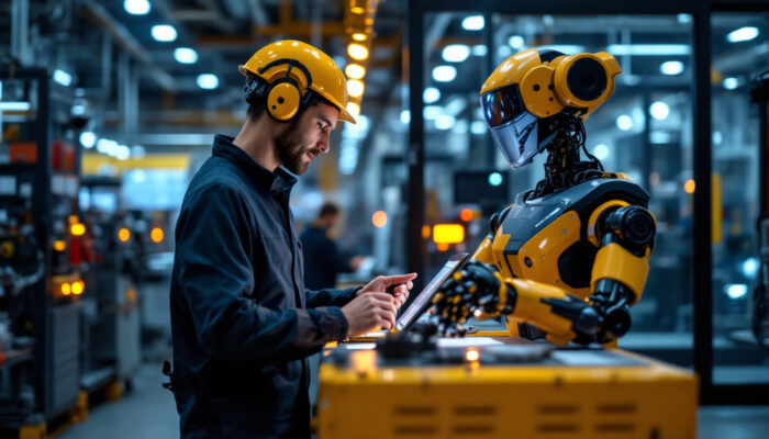 A photograph of a skilled technician programming an industrial robot in a modern manufacturing setting