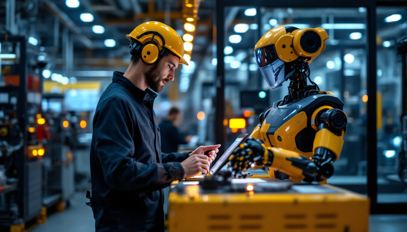 A photograph of a skilled technician programming an industrial robot in a modern manufacturing setting