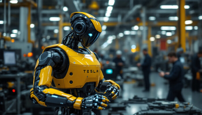 A photograph of a tesla robot in an industrial setting