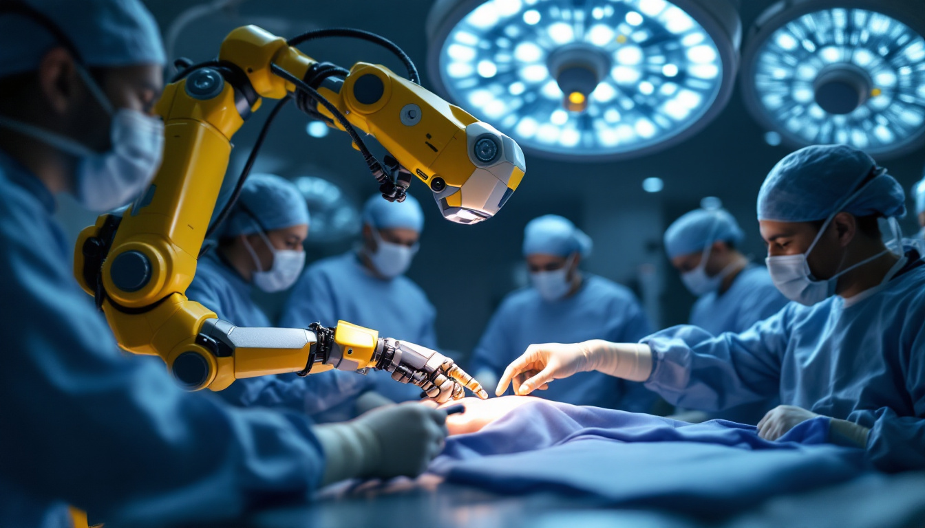A photograph of a state-of-the-art robotic surgical system in action