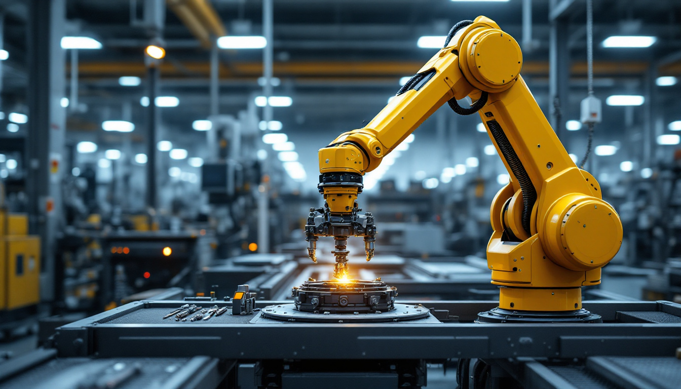 A photograph of a sleek industrial robotic arm in action within a modern manufacturing setting