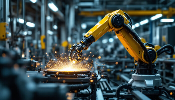 A photograph of a sleek industrial robotic arm in action