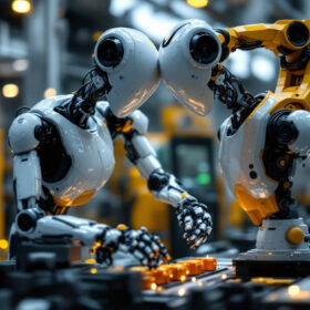 A photograph of a sleek industrial robot in action within a manufacturing setting