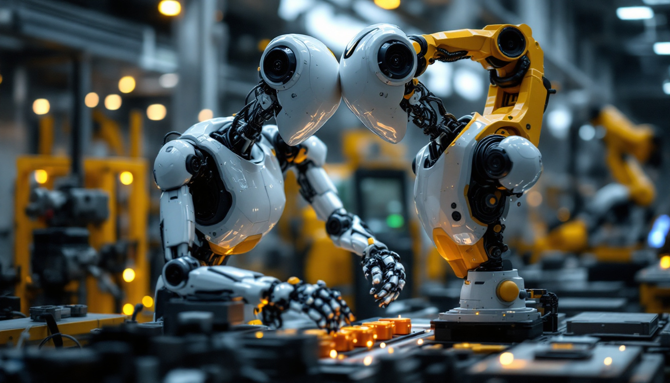 A photograph of a sleek industrial robot in action within a manufacturing setting
