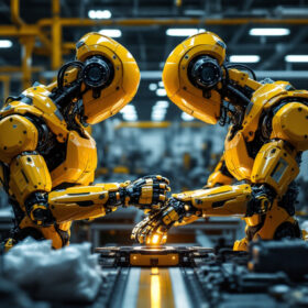 A photograph of a modern industrial robot in action on a factory floor