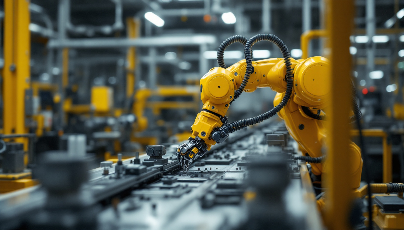A photograph of a ur5e robot in action within an industrial setting