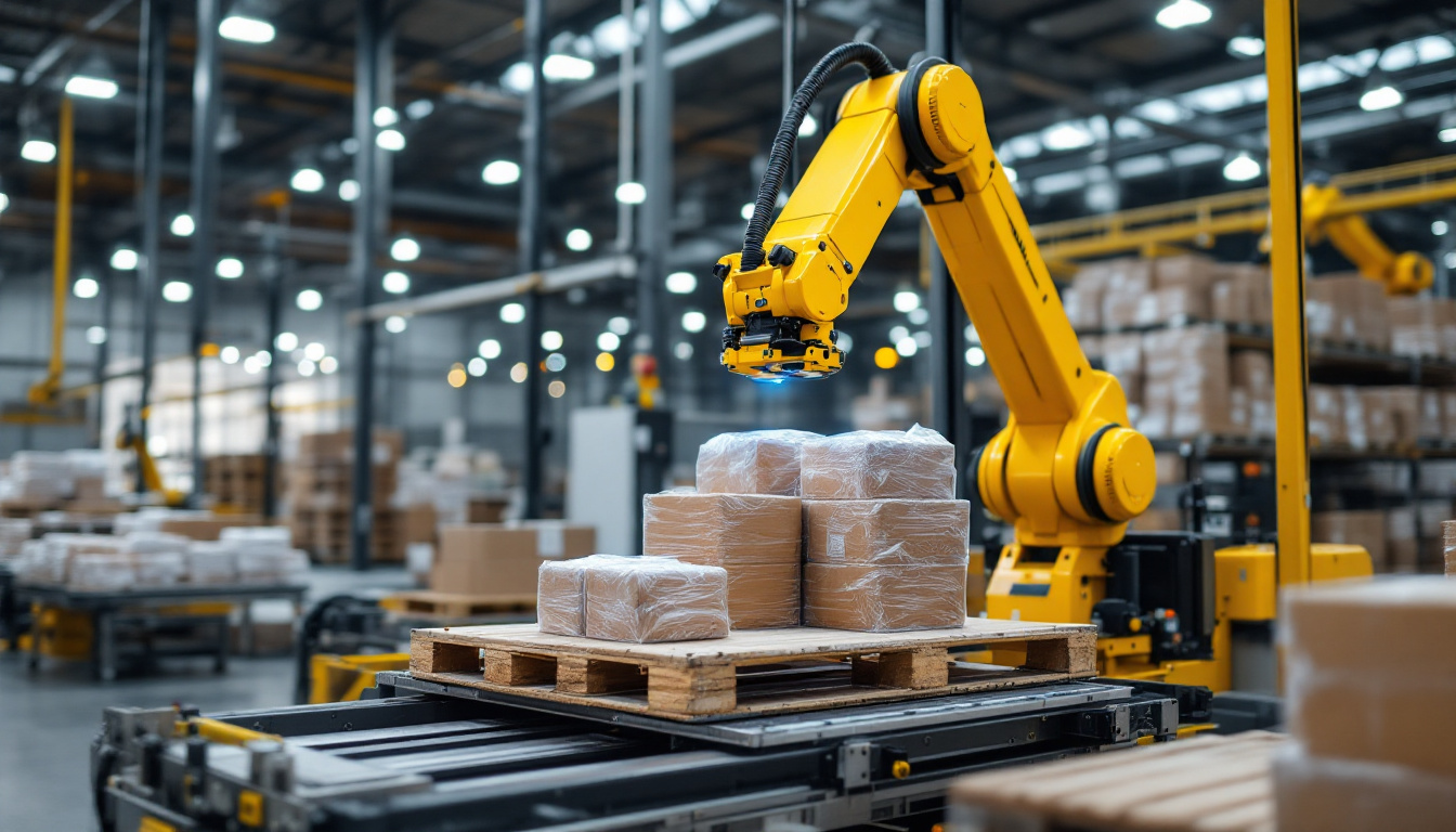 A photograph of a modern industrial palletizer in action