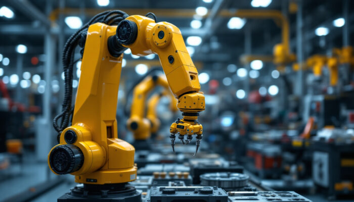 A photograph of a sleek industrial robotic arm in action