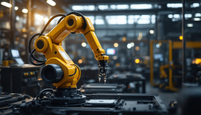 A photograph of a sleek industrial robotic arm in action