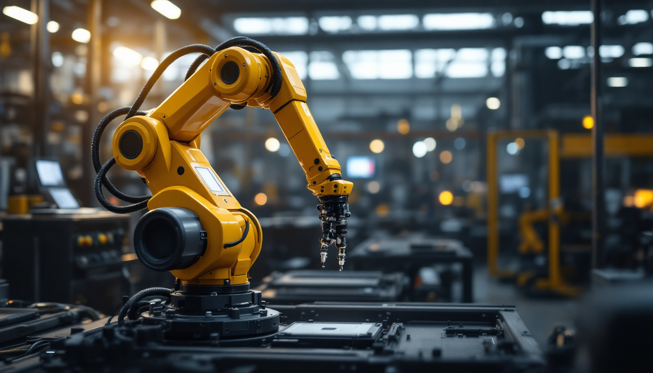 A photograph of a sleek industrial robotic arm in action