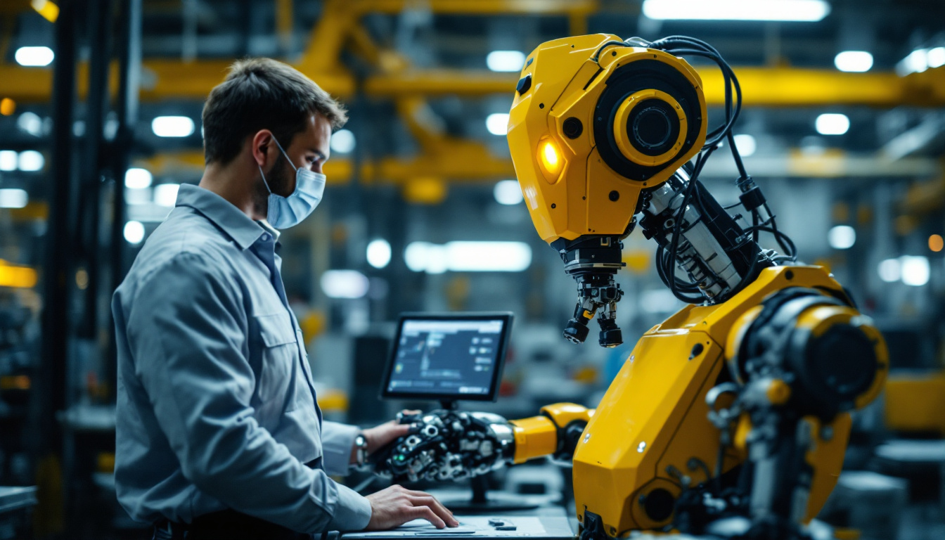 A photograph of a skilled technician programming an industrial robot in a modern factory setting