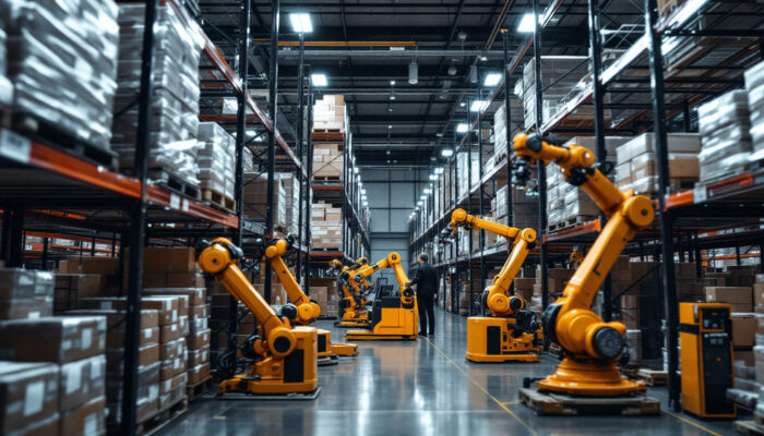 A photograph of a dynamic warehouse scene showcasing industrial robots efficiently organizing and retrieving goods from tall storage racks