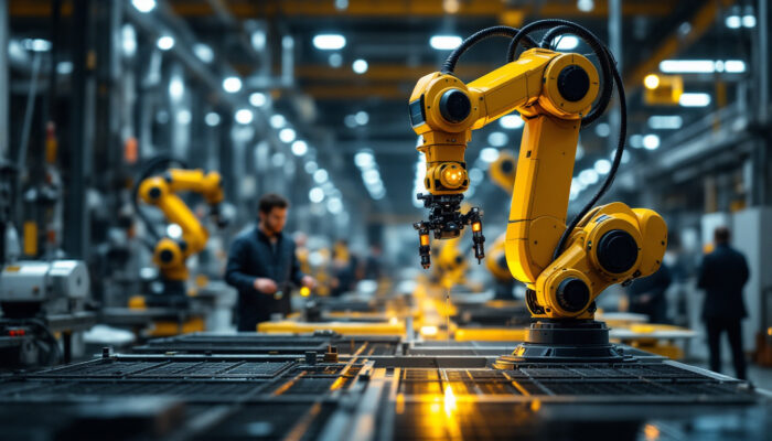 A photograph of a dynamic industrial setting featuring a vecna robotics robot in action