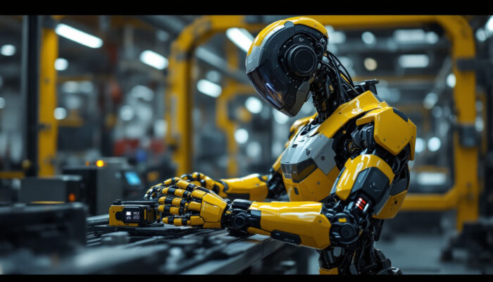 A photograph of a sleek industrial robot in action within a manufacturing environment