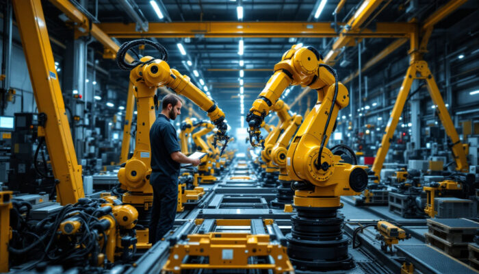A photograph of a dynamic industrial robotics environment in massachusetts