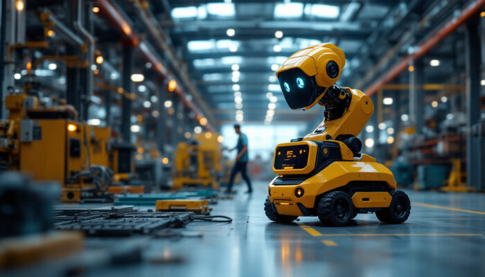 A photograph of a mobile autonomous robot in an industrial setting