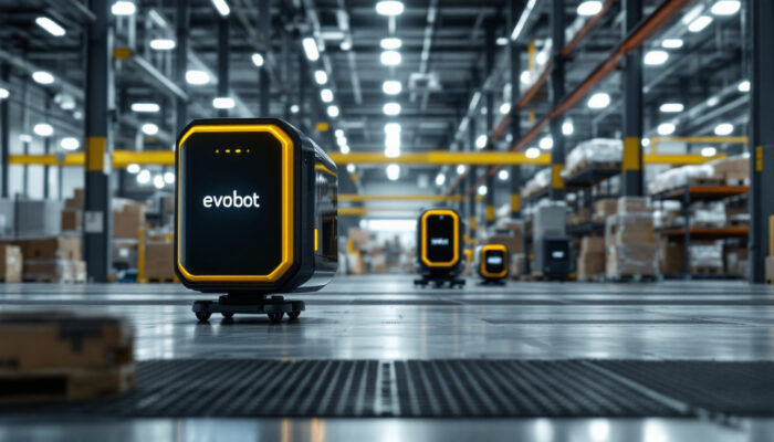 A photograph of a sleek evobot agv navigating through a modern industrial warehouse