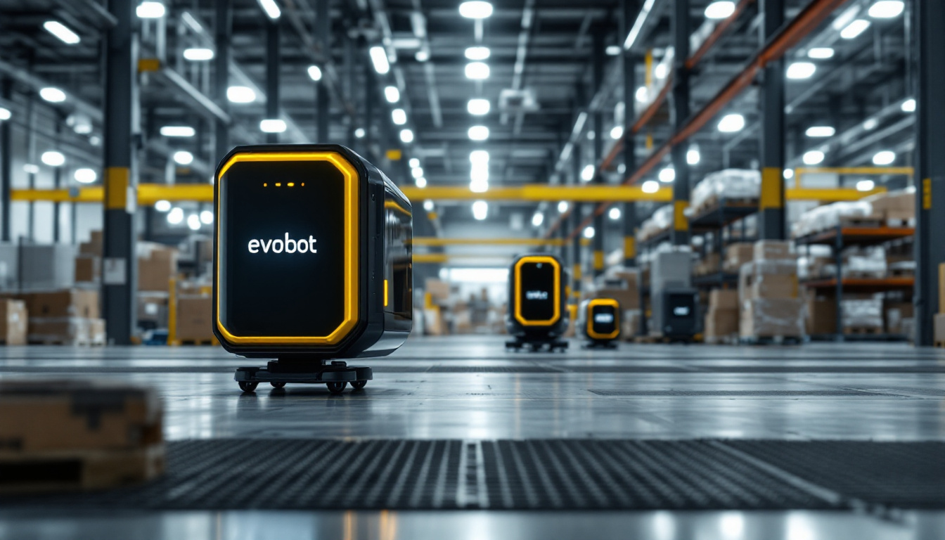 A photograph of a sleek evobot agv navigating through a modern industrial warehouse