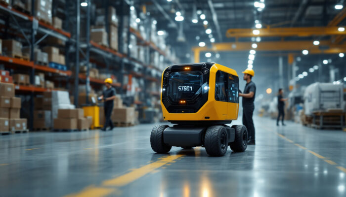 A photograph of a guided vehicle in an industrial setting