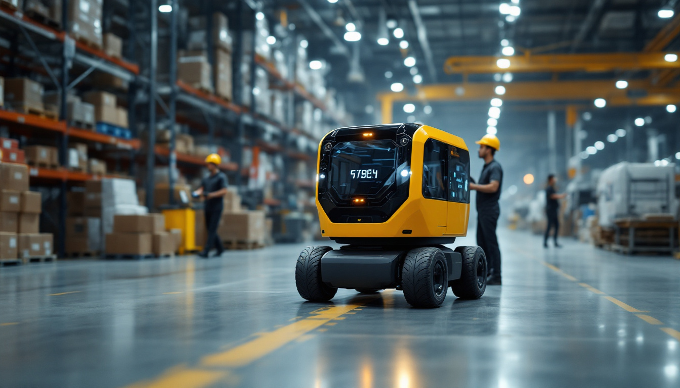 A photograph of a guided vehicle in an industrial setting