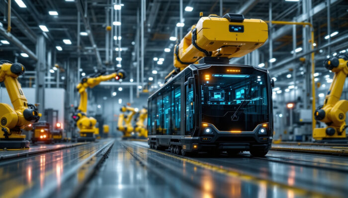 A photograph of a modern industrial environment showcasing a guided vehicle system in action