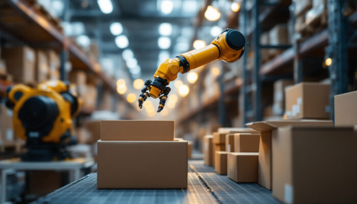 A photograph of a robotic arm efficiently picking and sorting items from a warehouse shelf