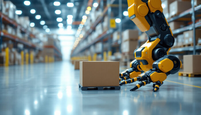 A photograph of capture a photograph of an industrial warehouse setting featuring advanced robotic systems in action