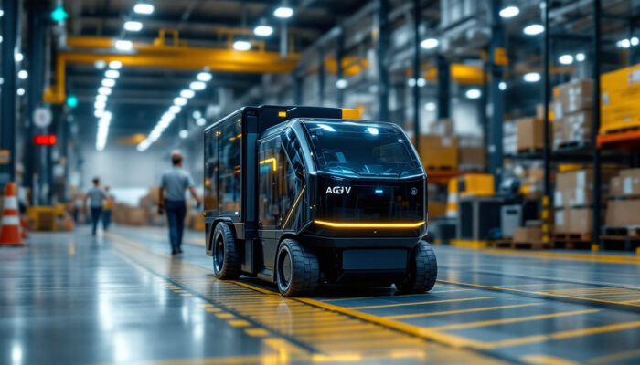 A photograph of a modern automated guided vehicle (agv) navigating through a busy industrial warehouse