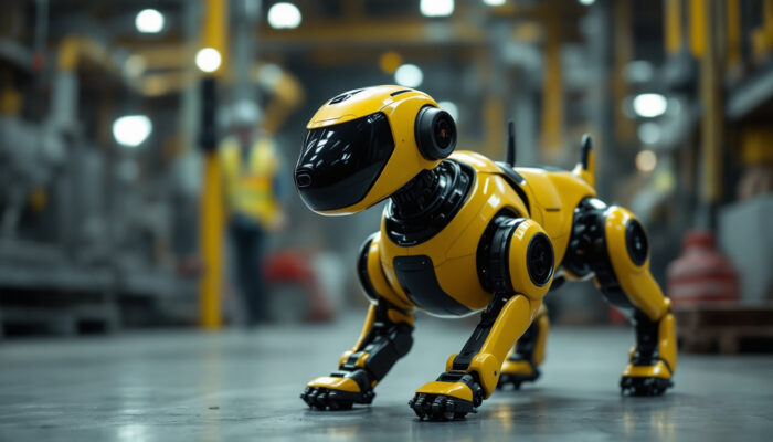 A photograph of a robot dog spot navigating an industrial environment