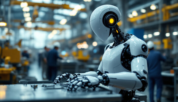 A photograph of a sleek industrial robot in action within a bustling boston manufacturing facility
