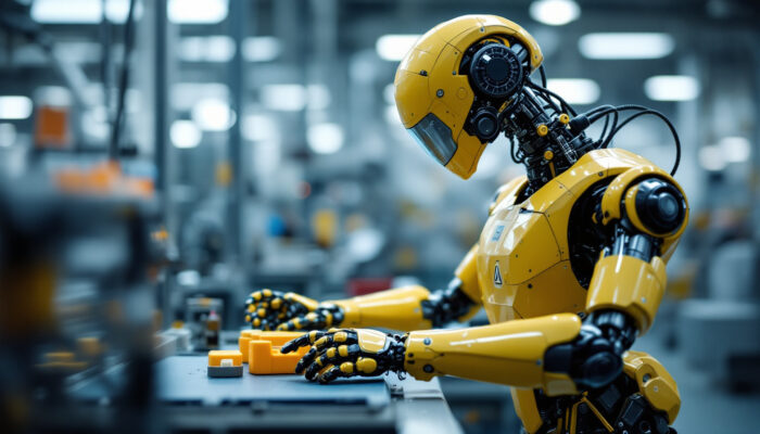 A photograph of a sleek industrial robot in action within a manufacturing environment