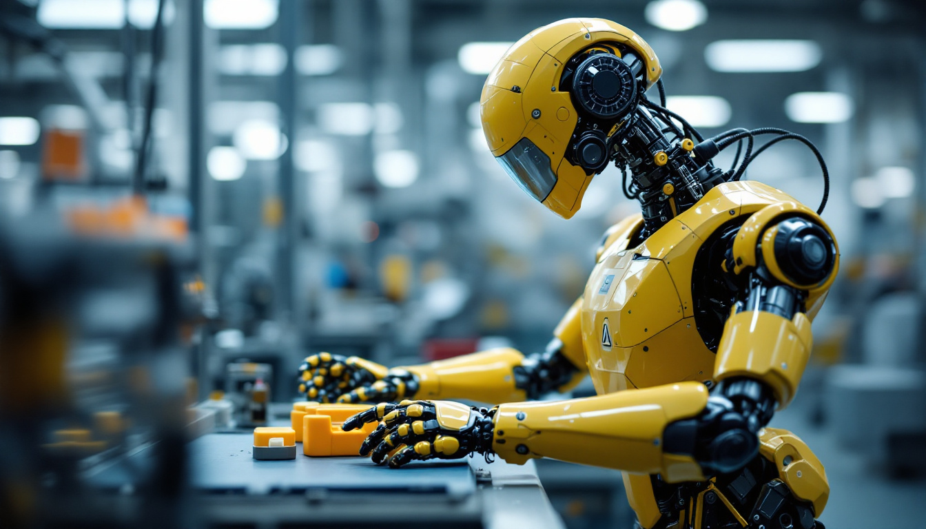 A photograph of a sleek industrial robot in action within a manufacturing environment