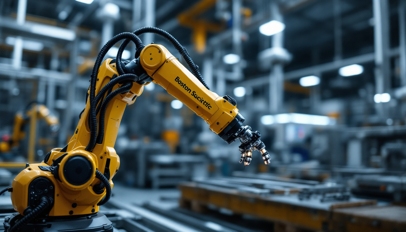 A photograph of a sleek boston scientific robotic arm in action within a modern industrial setting