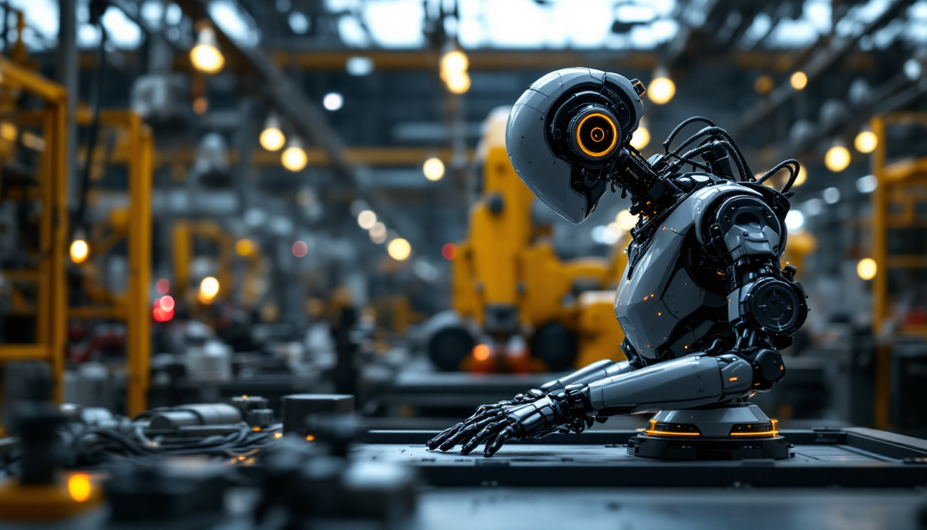A photograph of a sleek industrial robot in action on a factory floor