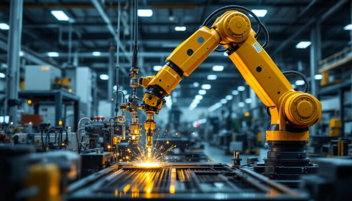 A photograph of a sleek industrial robotic arm in action within a modern manufacturing environment