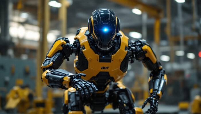 A photograph of a boston dynamics robot in action within an industrial setting
