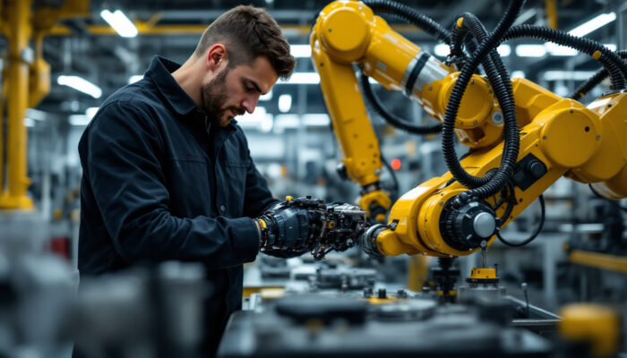 A photograph of a skilled technician working on an industrial robot in a high-tech boston robotics lab