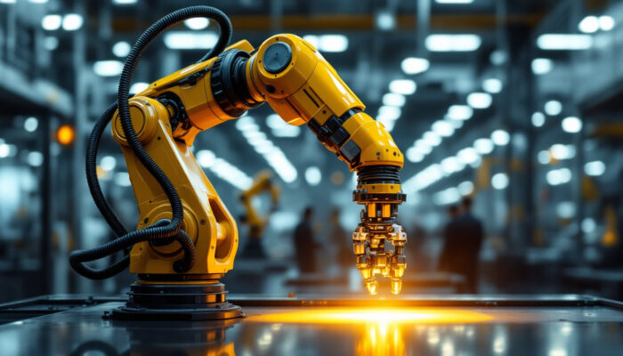 A photograph of a sleek industrial robotic arm in action