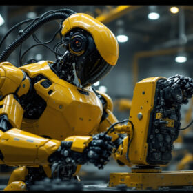 A photograph of a boston dynamics robot in action within an industrial setting