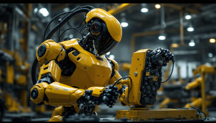 A photograph of a boston dynamics robot in action within an industrial setting