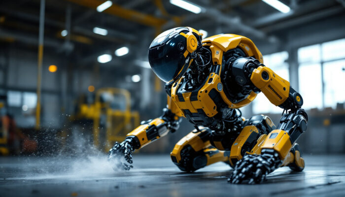 A photograph of a boston dynamics robot in action