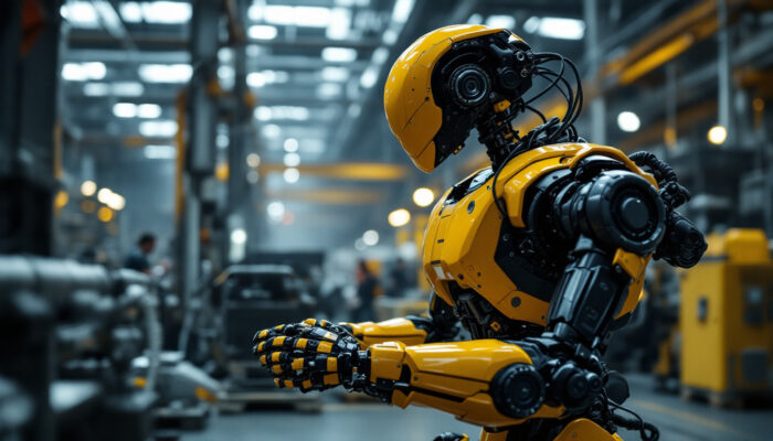 A photograph of a boston dynamics robot in action within an industrial setting